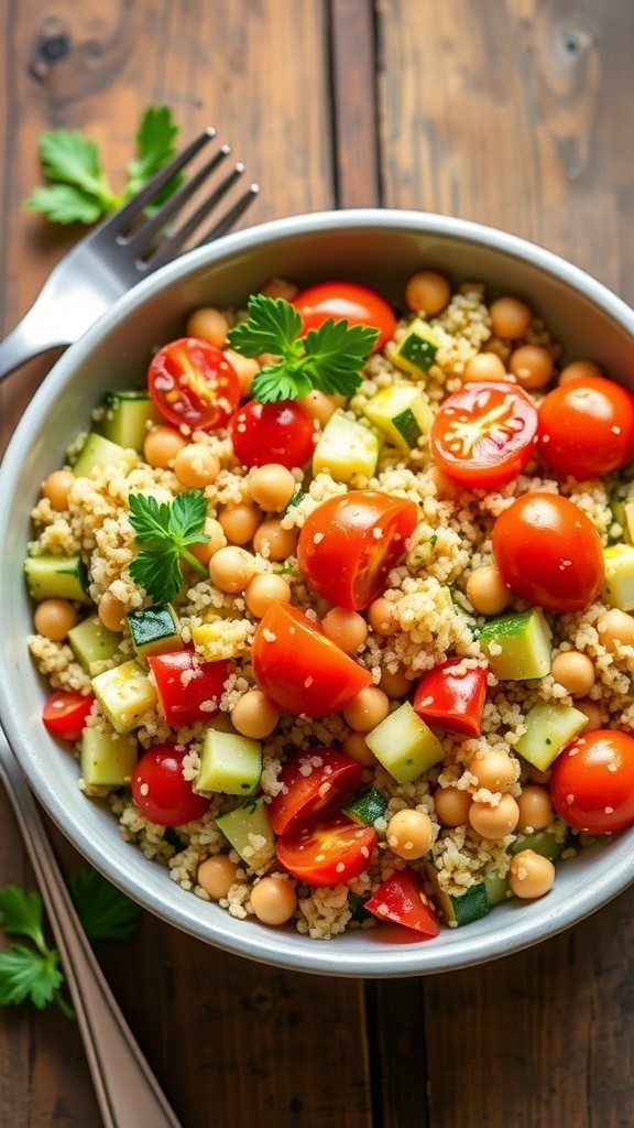 A colorful zucchini chickpea quinoa salad with tomatoes and parsley in a bowl on a wooden table.